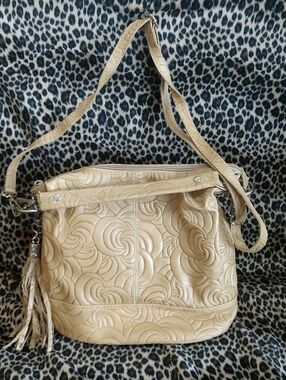 Beige Floral-Embossed Shoulder Bag with Tassel